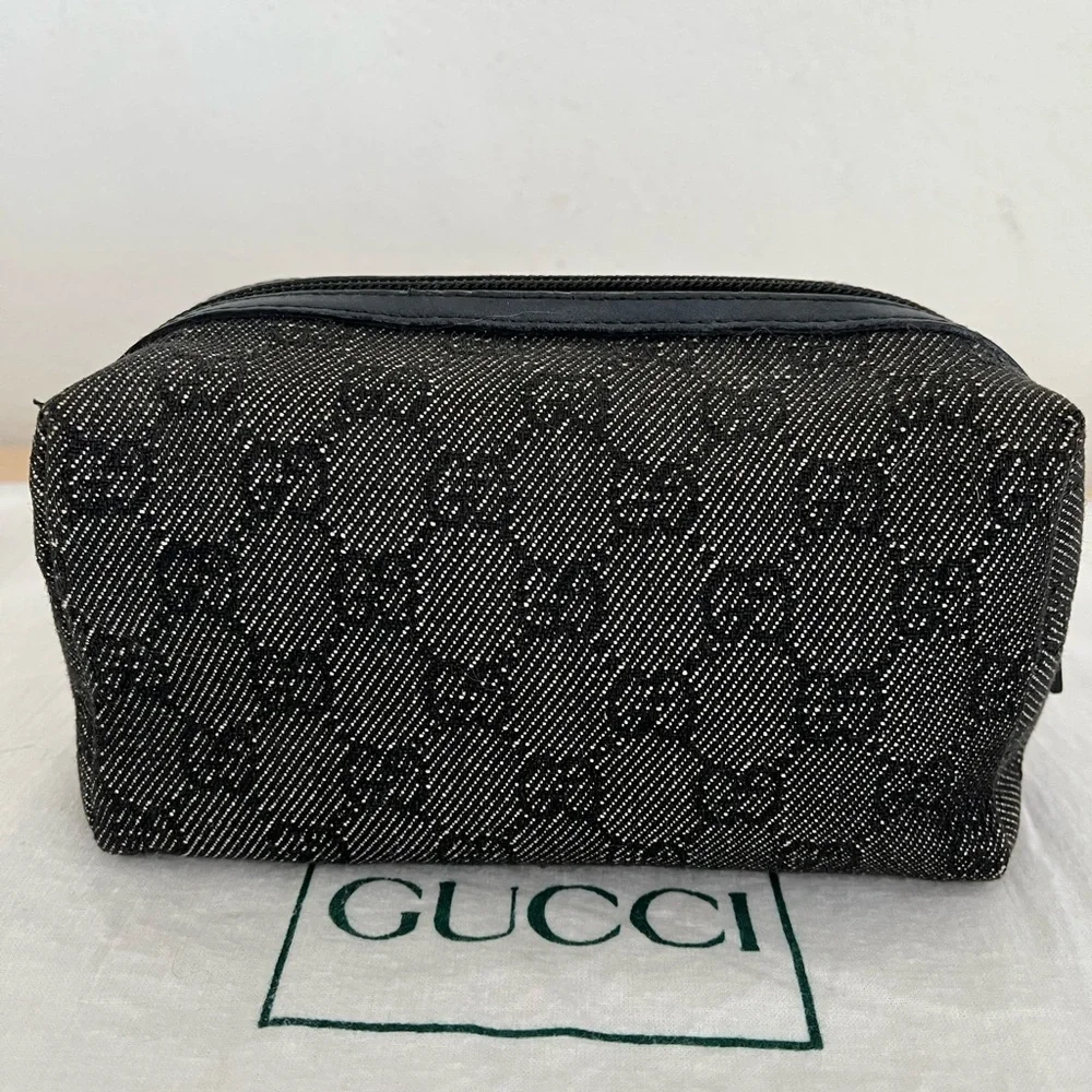 Gucci Monogram Cosmetic Pouch Black Vintage Unisex EUC